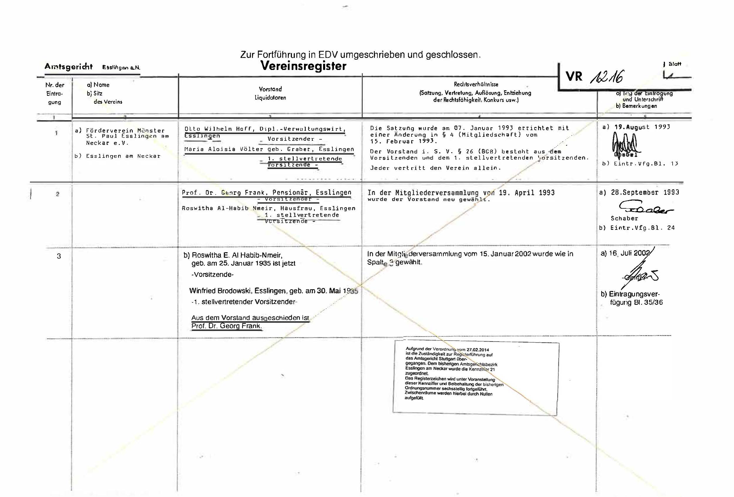 Kopie aus dem Vereinsregister Esslingen