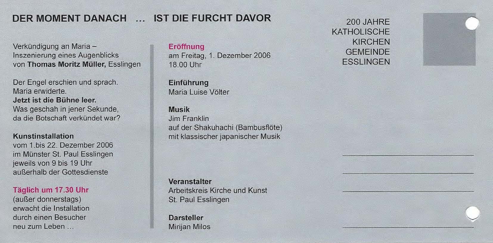 Rückseite der Einladung zur Installation 'der Moment danach ... ist die Furcht davor'