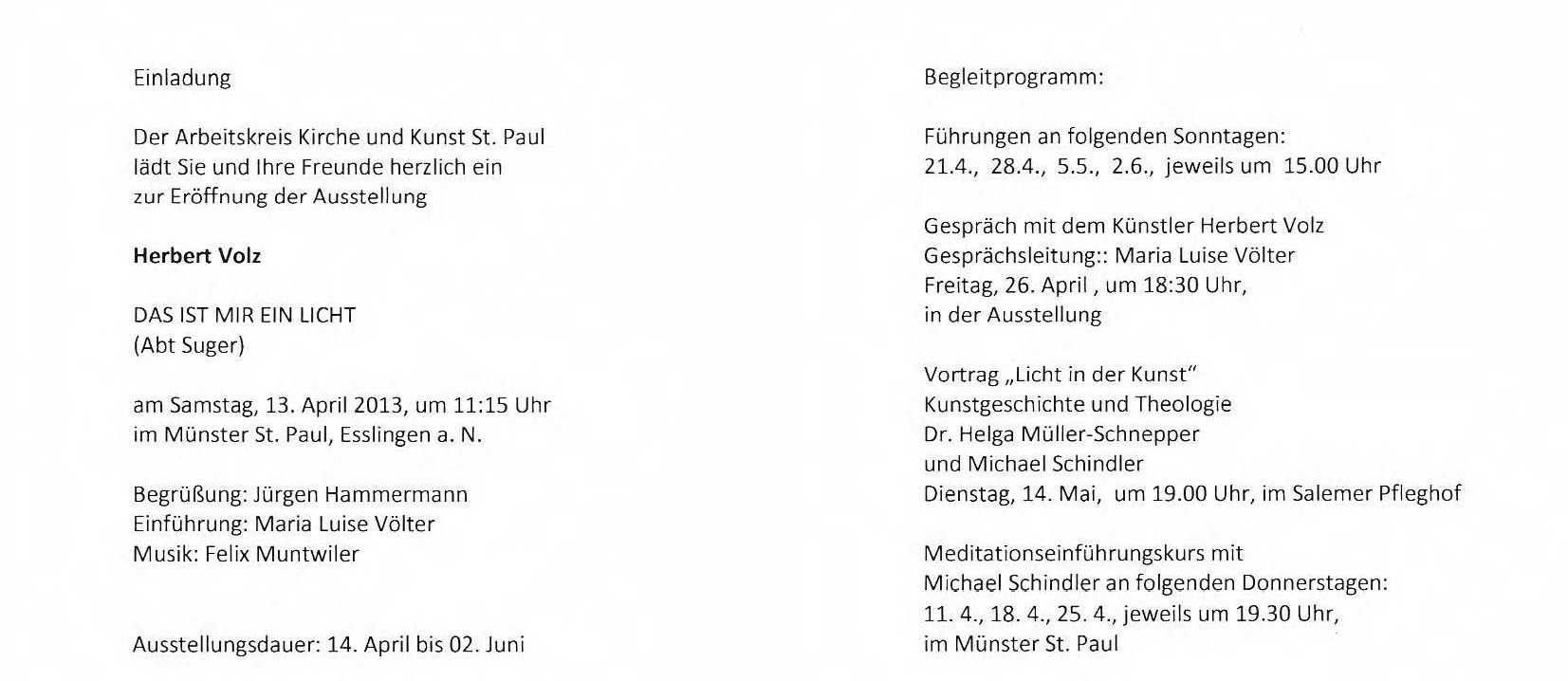 Einladung zur Ausstellung Das ist mir ein Licht von Herbert Volz