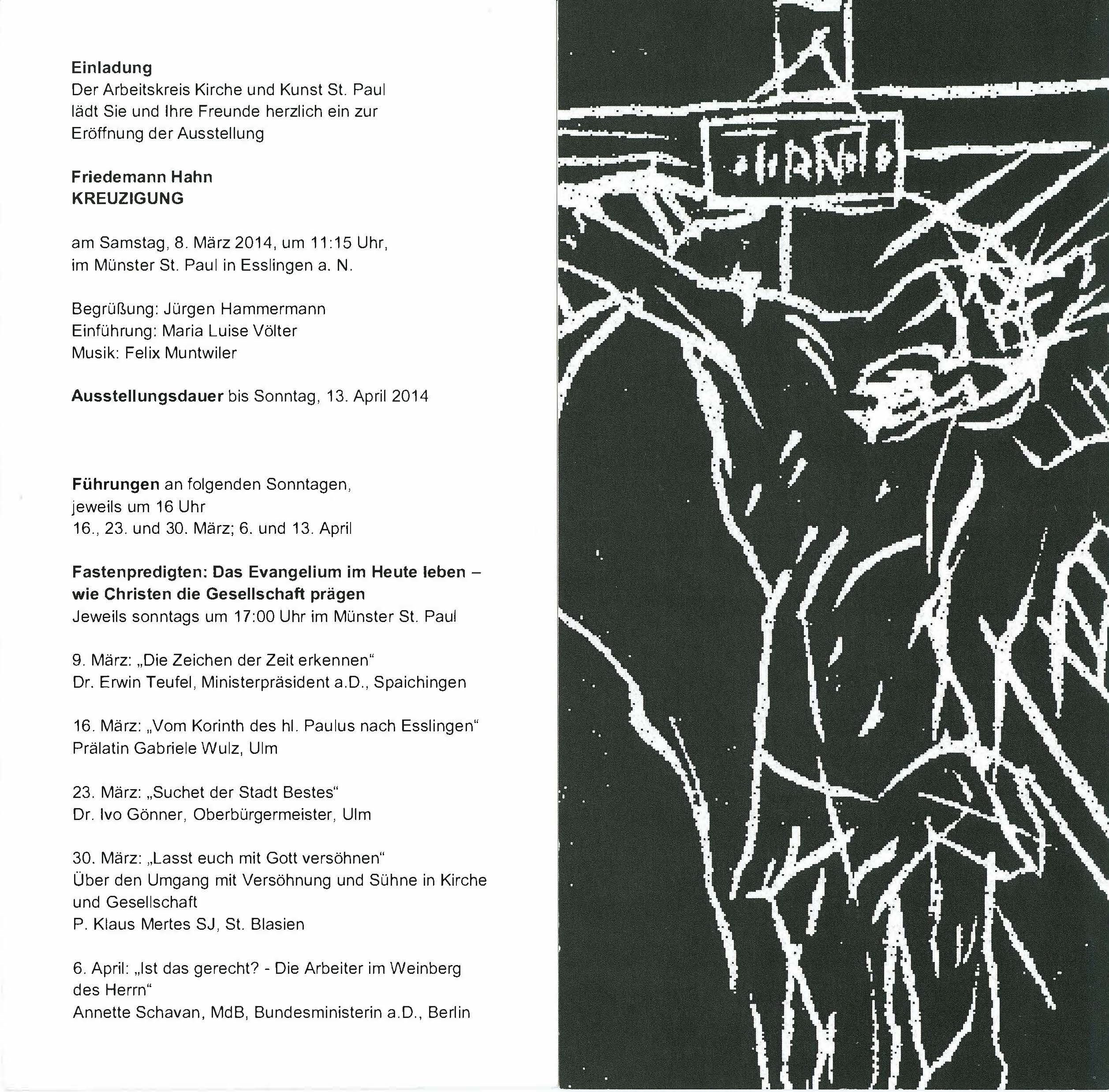 Einladung zur Ausstellung Kreuzigung von Friedemann Hahn