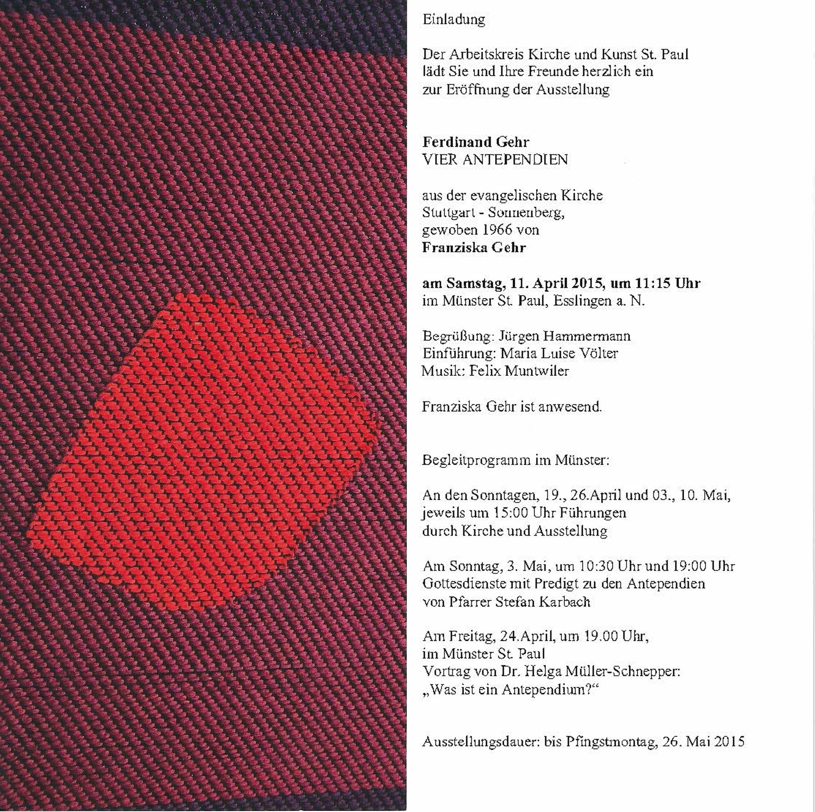 Einladung zur Ausstellung vier Antependien von Ferdinand Gehr