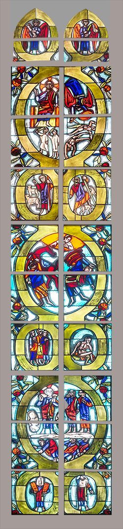 das Nord-Fenster von Wilhelm Geyer. Dargestellt sind Motive zum 2. Korintherbrief