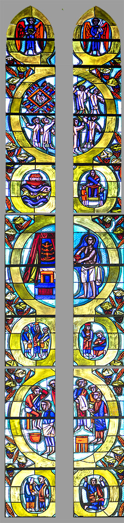 das Nord-Ost Fenster von Wilhelm Geyer. Dargestellt sind Motive zum Hebräerbrief