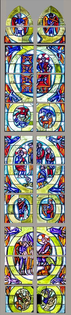 das Ost Fenster von Wilhelm Geyer. Dargestellt sind Motive zum Kolosserbrief