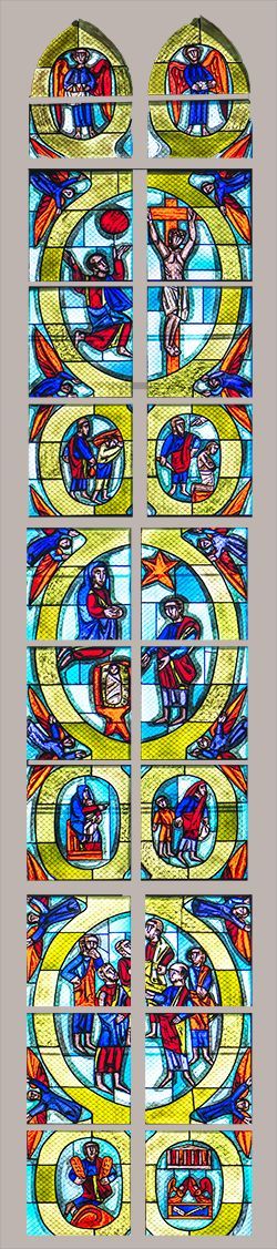 das Süd-Ost Fenster von Wilhelm Geyer. Dargestellt sind Motive zum Galaterbrief