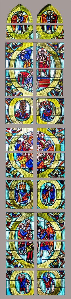 das Nord-Ost Fenster von Wilhelm Geyer. Dargestellt sind Motive zum Römerbrief