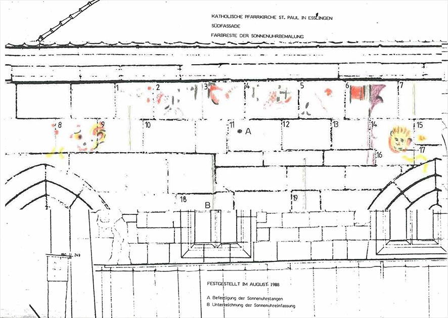 Reste einer Sonnenuhr an der südlichen Obergadenwand. Sichtbar waren Sonne und Mond sowie ein Fries