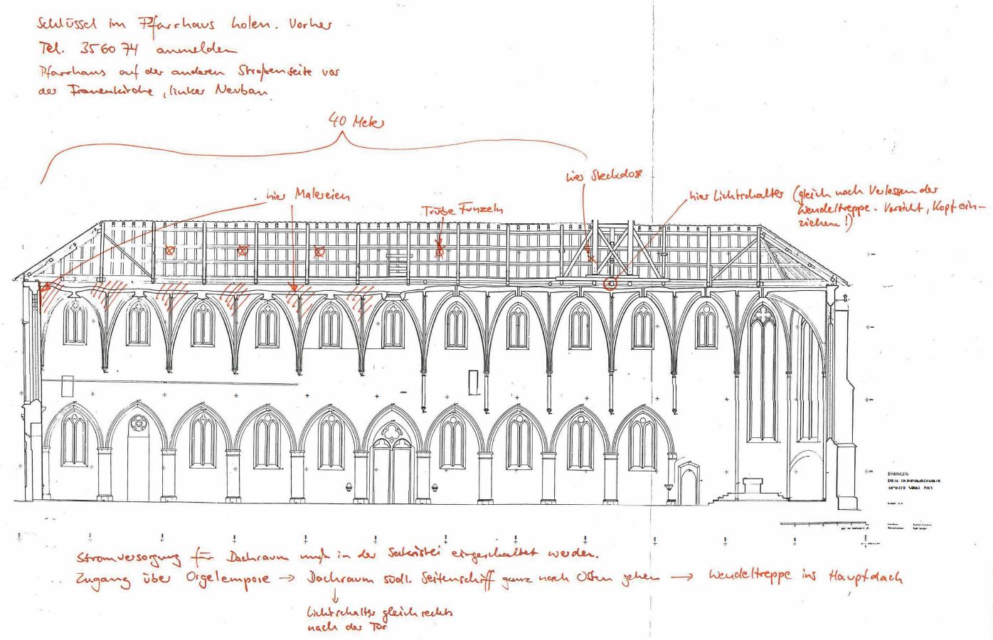 Längsschnitt durch das Münster Blick nach Norden mit Einzeichnung der Lokation der Wandmalereien